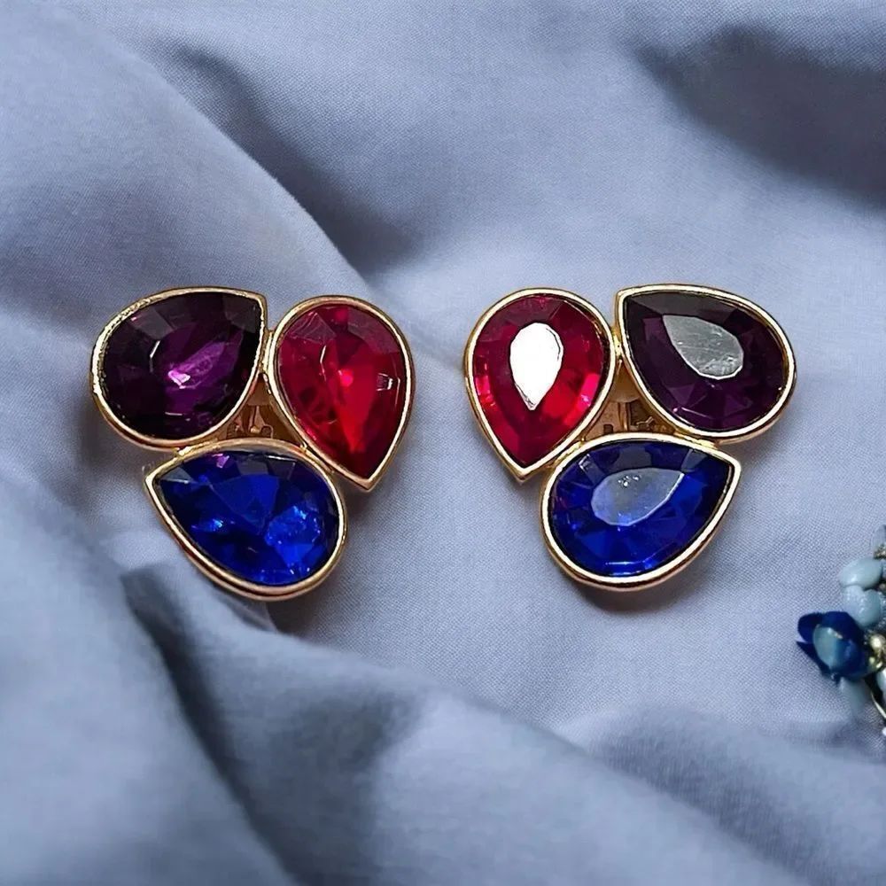 Vintage Red, Blue, And Purple Rhinestone Gold Tone Statement Clip On Earrings